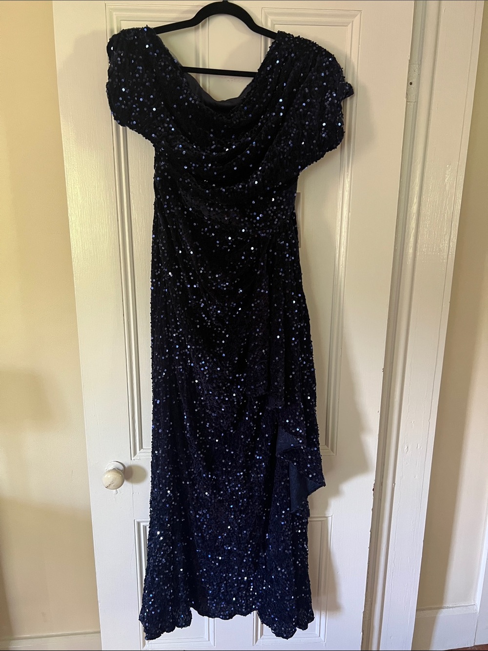 Navy Sequin Draped Evening Dress knit full length